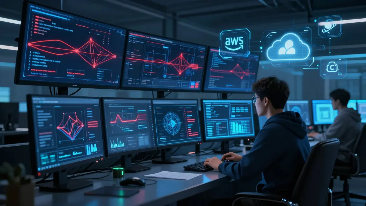 Центр кибербезопасности с мониторами, отображающими угрозы и облачные системы.