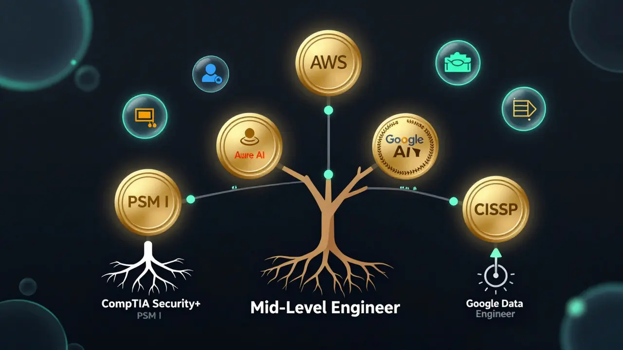 Цифровое дерево карьеры в IT с ключевыми сертификатами как золотыми ветвями.