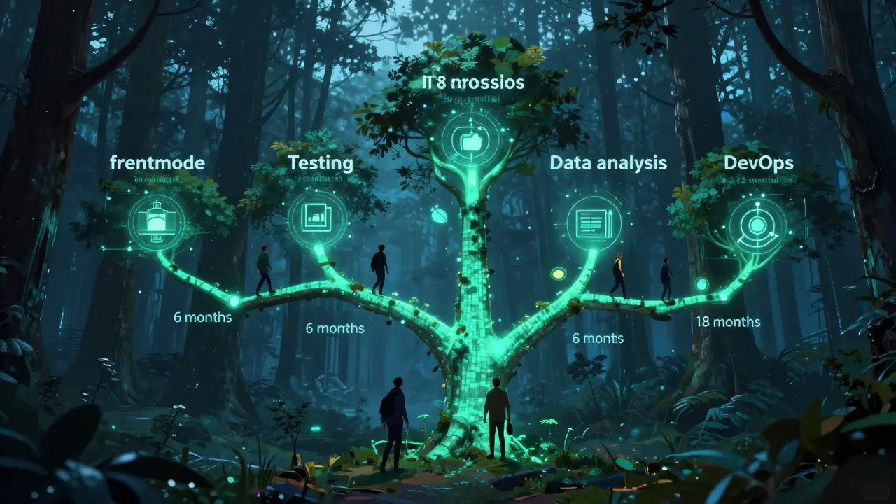 Цифровой лес с разветвленными путями, каждый ведет к другой IT-профессии, символизируя разные сроки обучения.