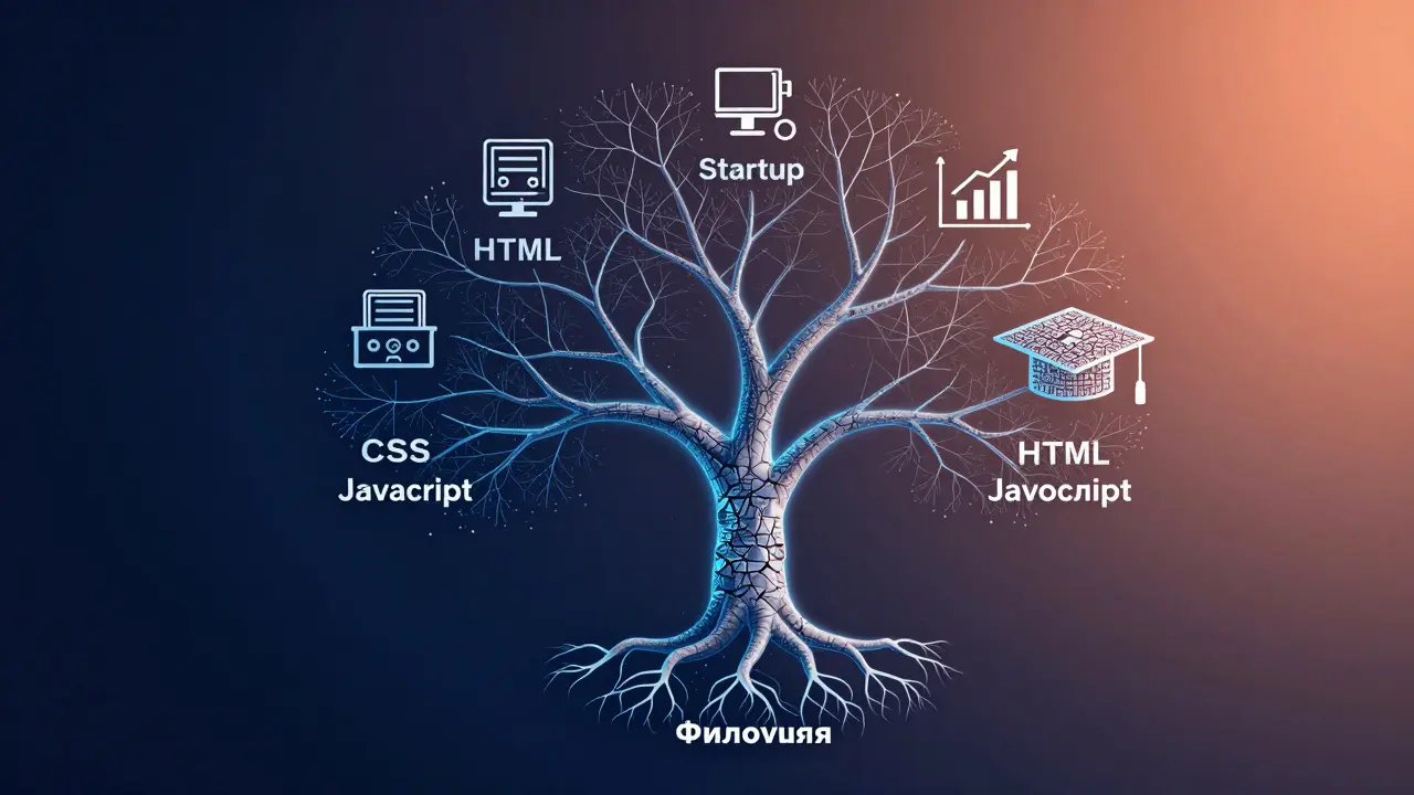 Дерево из кода, корни — HTML/CSS/JS, ствол — портфолио, ветви — карьера и зарплата, из сломанного диплома.