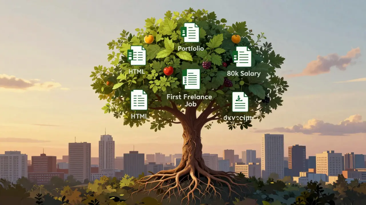 Дерево с корнями из IT-навыков и плодами — портфолио, зарплата и работа, на фоне Новосибирска.