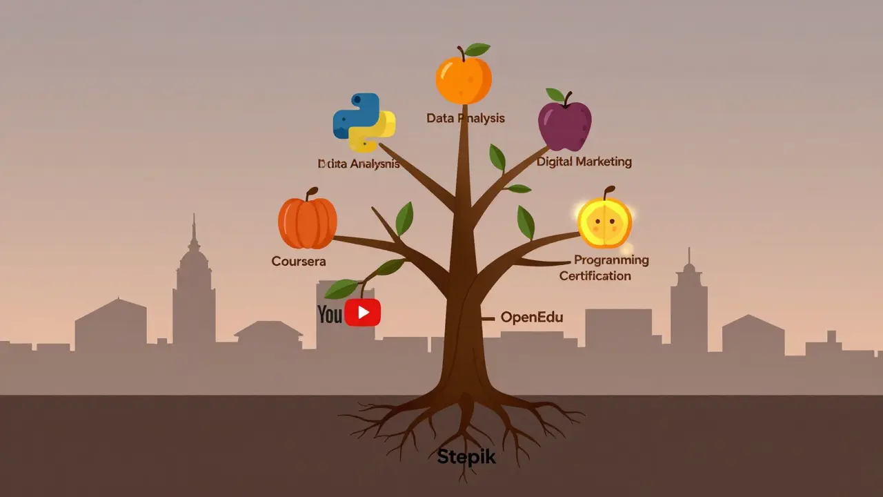 Дерево знаний с корнями на бесплатных платформах обучения, ветви с навыками и сертификатами.