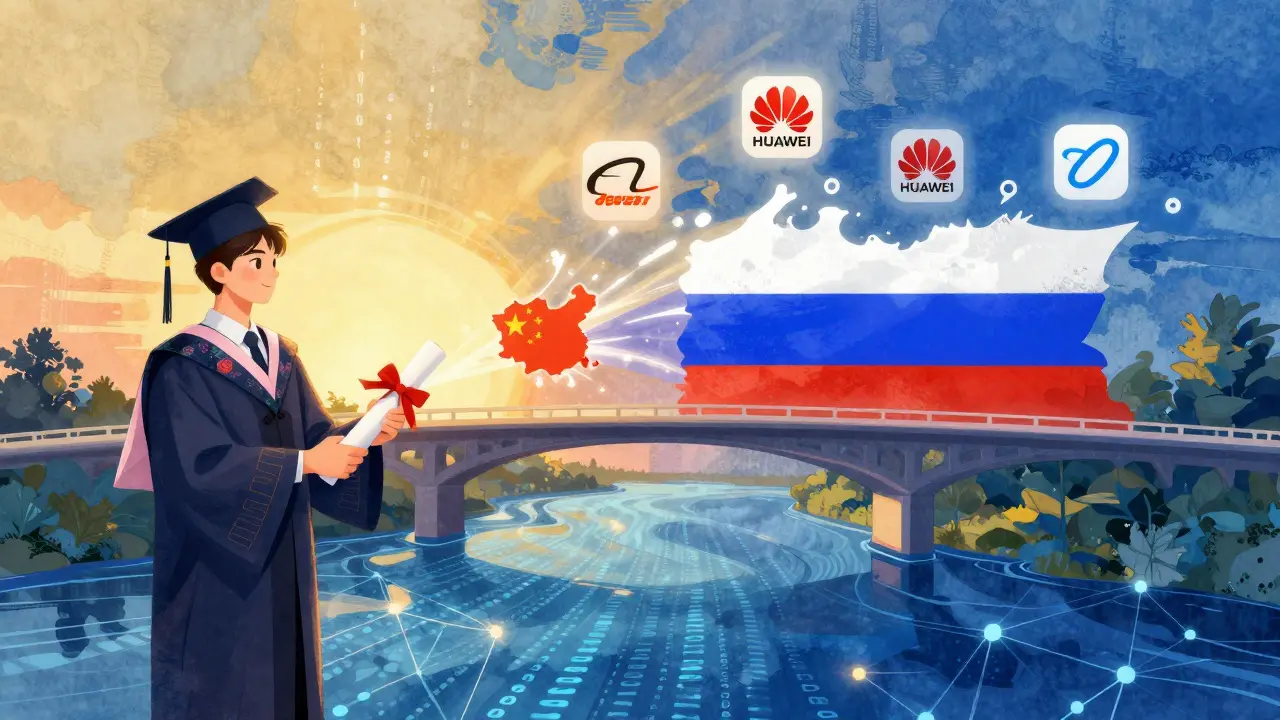 Диплом превращается в мост между Китаем и Россией, над которым парят логотипы крупных IT-компаний.