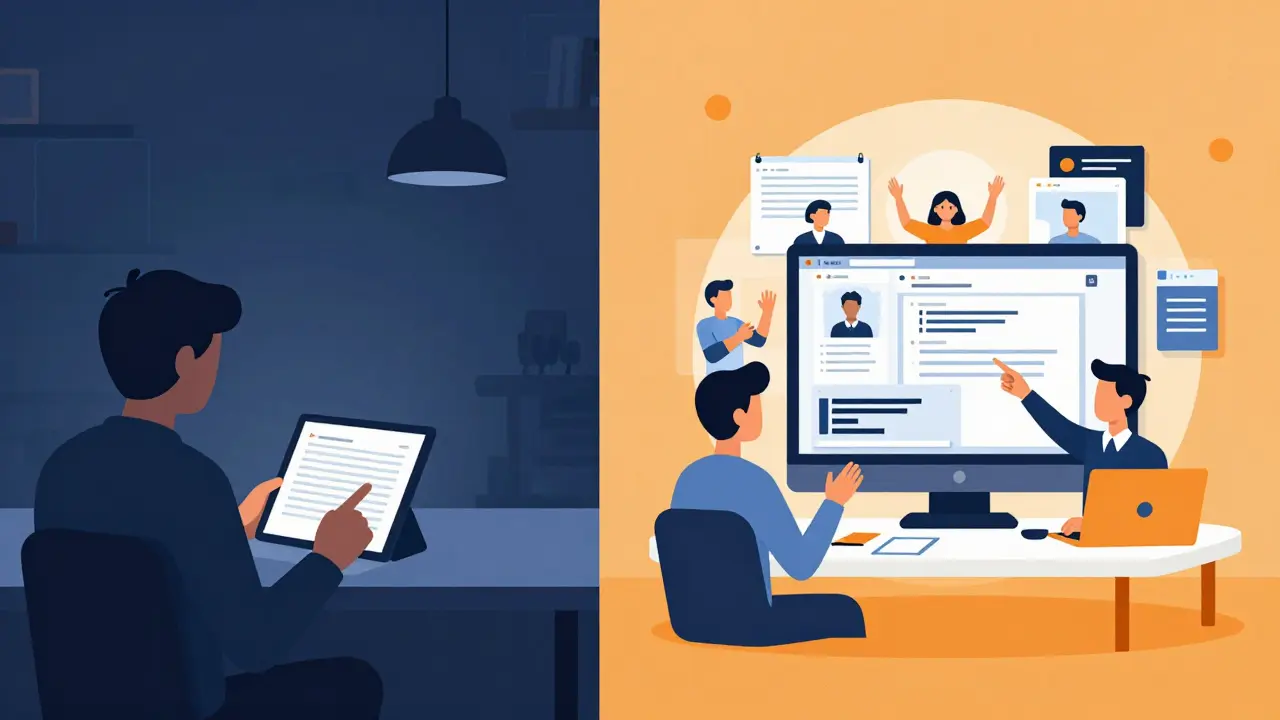 Два сценария обучения: один — одиночное изучение материалов, другой — живое взаимодействие в онлайн-группе.