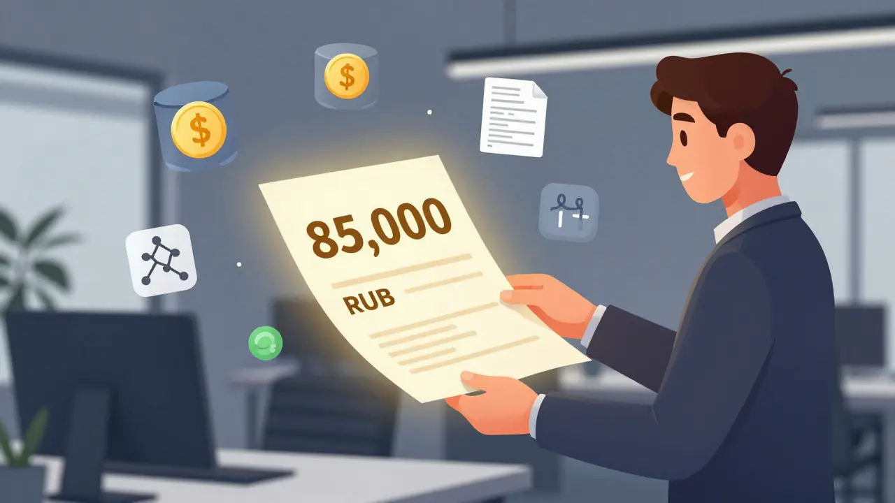 Джун-разработчик в офисе Москвы получает зарплату 85 000 рублей, вокруг — символы обучения и бонусов.