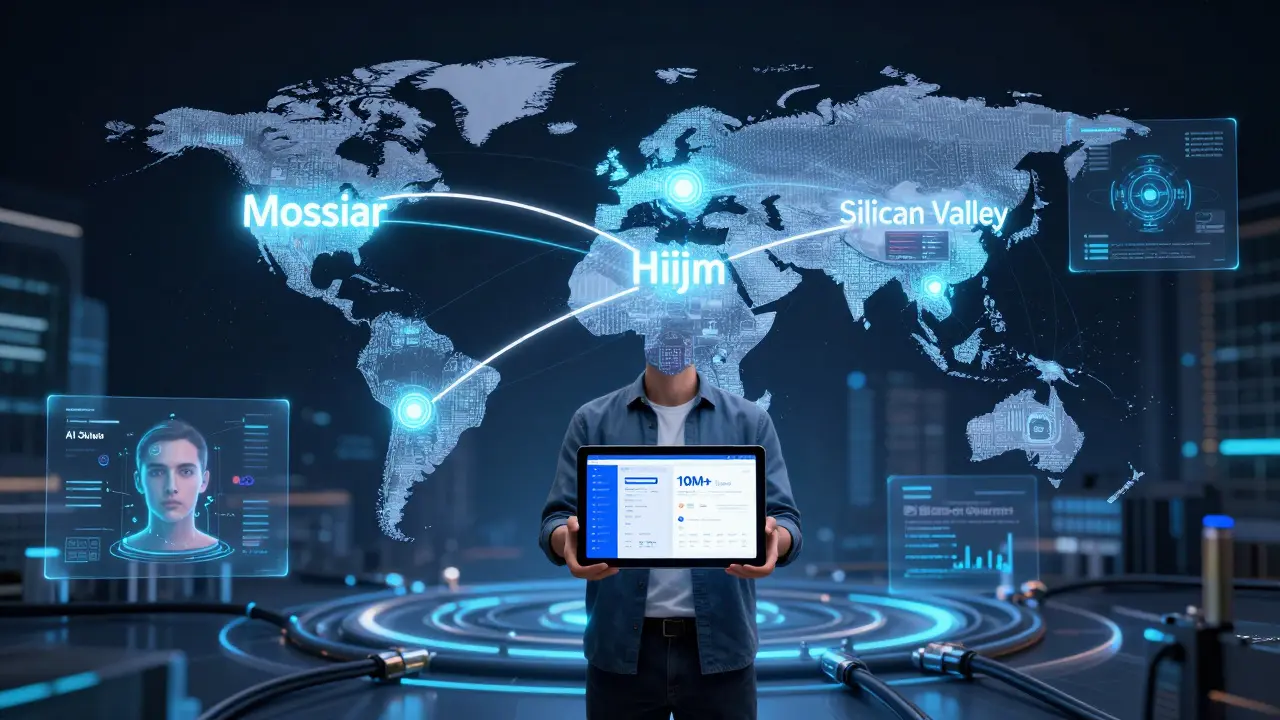 Инженер стоит в центре глобальной IT-сети, соединяющей Москву, Пекин и Кремниевую долину, с сертификатами Alibaba и Huawei.