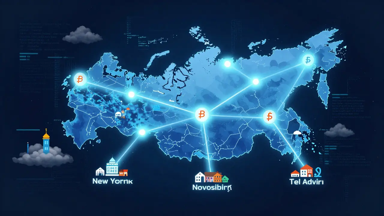 Карта России с цифровыми связями к международным компаниям, показывающая, как удалённая работа повышает зарплаты вне зависимости от города.
