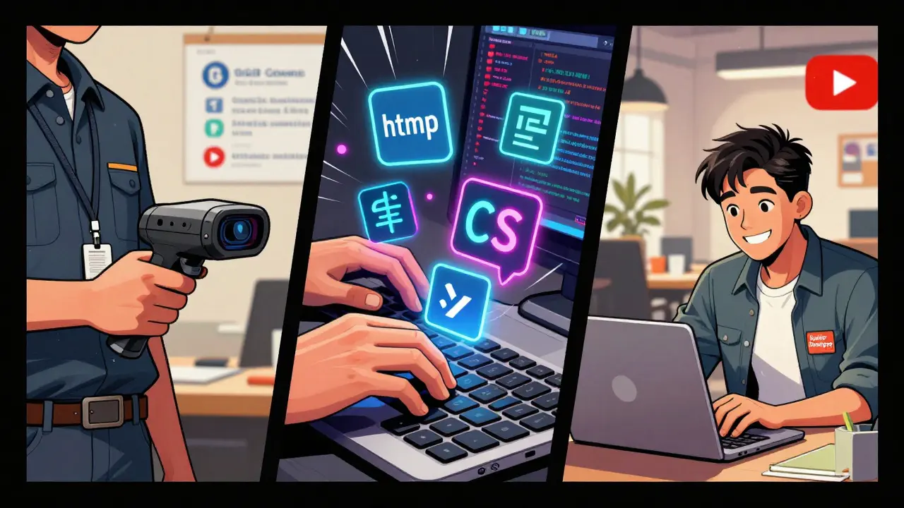 Комикс-стиль: переход от продавца к джунior-разработчику с визуализацией кода и GitHub.