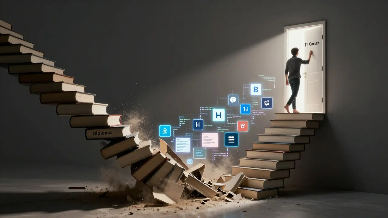 Лестница из дипломов рушится, а вместо неё поднимается путь из кода и проектов к двери карьеры в IT.