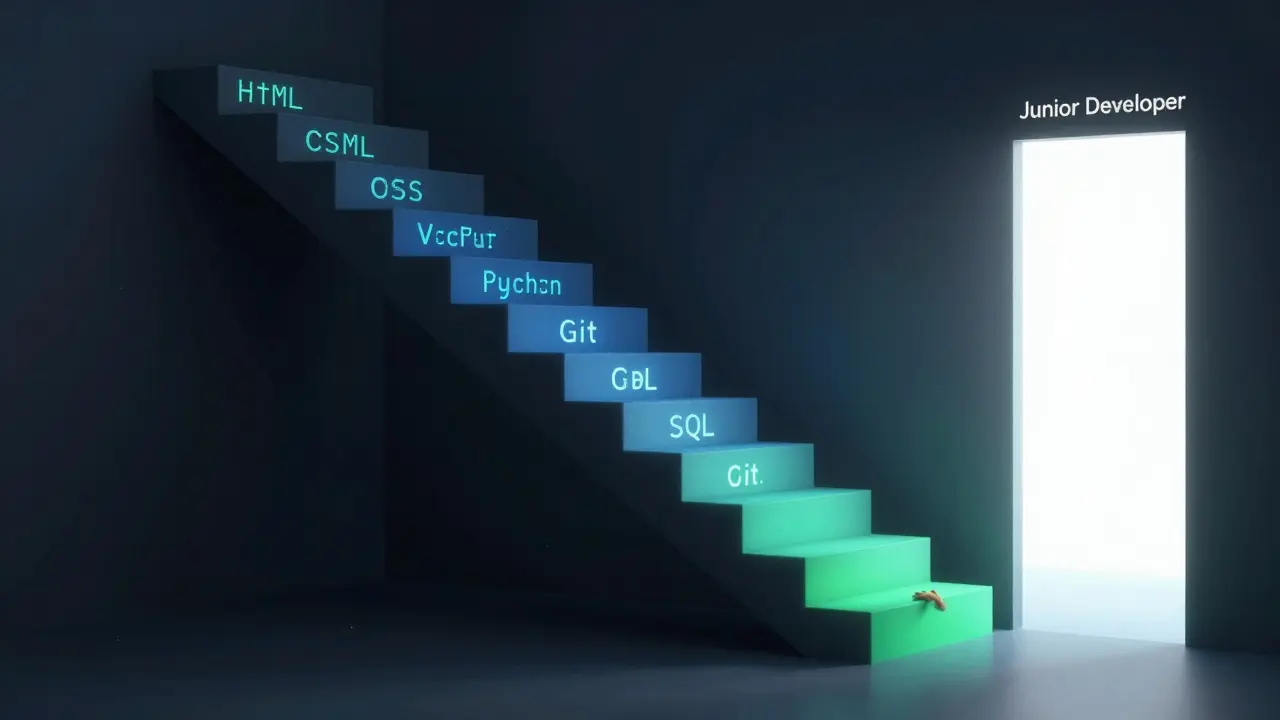 Лестница из кодовых блоков ведёт к двери 'Младший разработчик', руки тянутся к следующему шагу в свет.