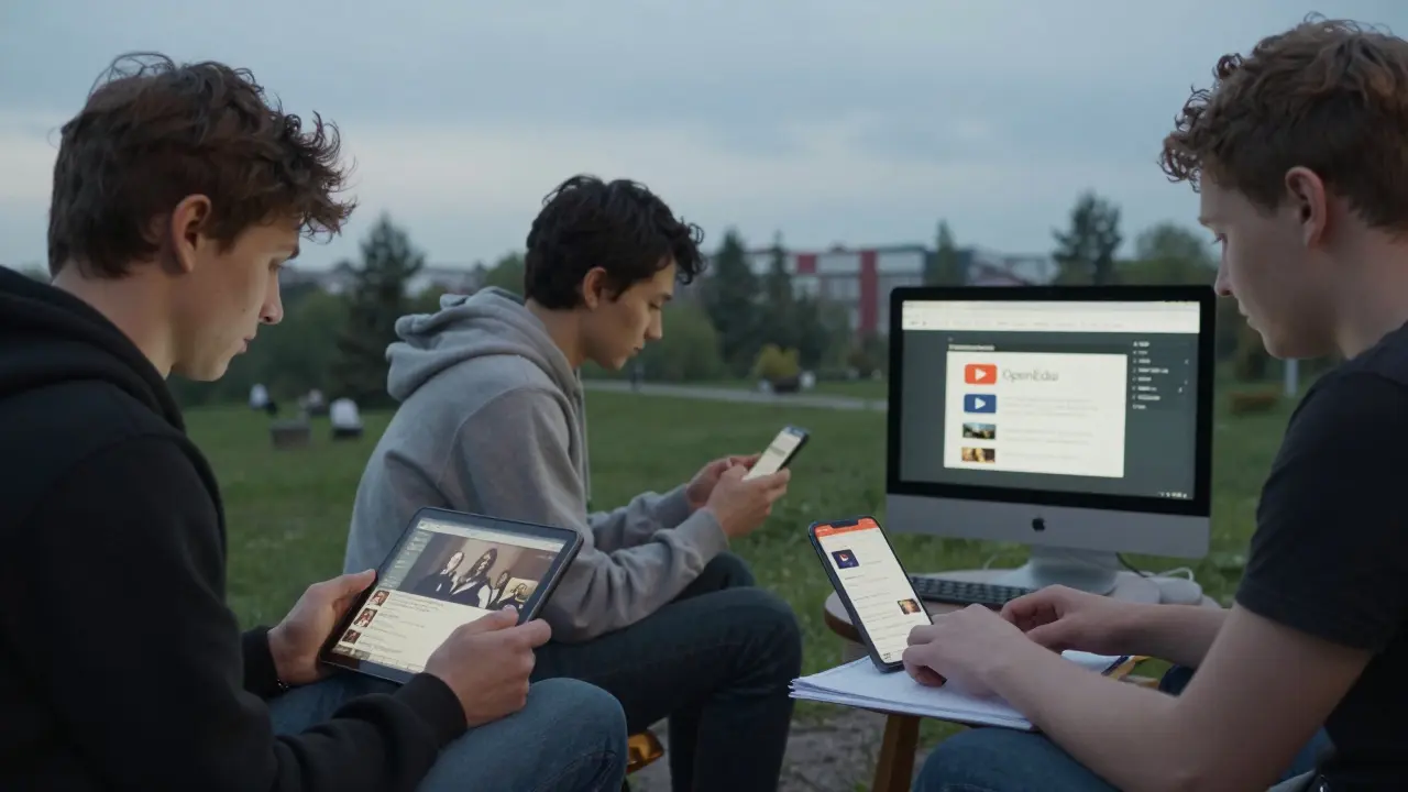 Люди в разных местах учатся бесплатно: в метро, в парке и дома, используя планшеты и телефоны.