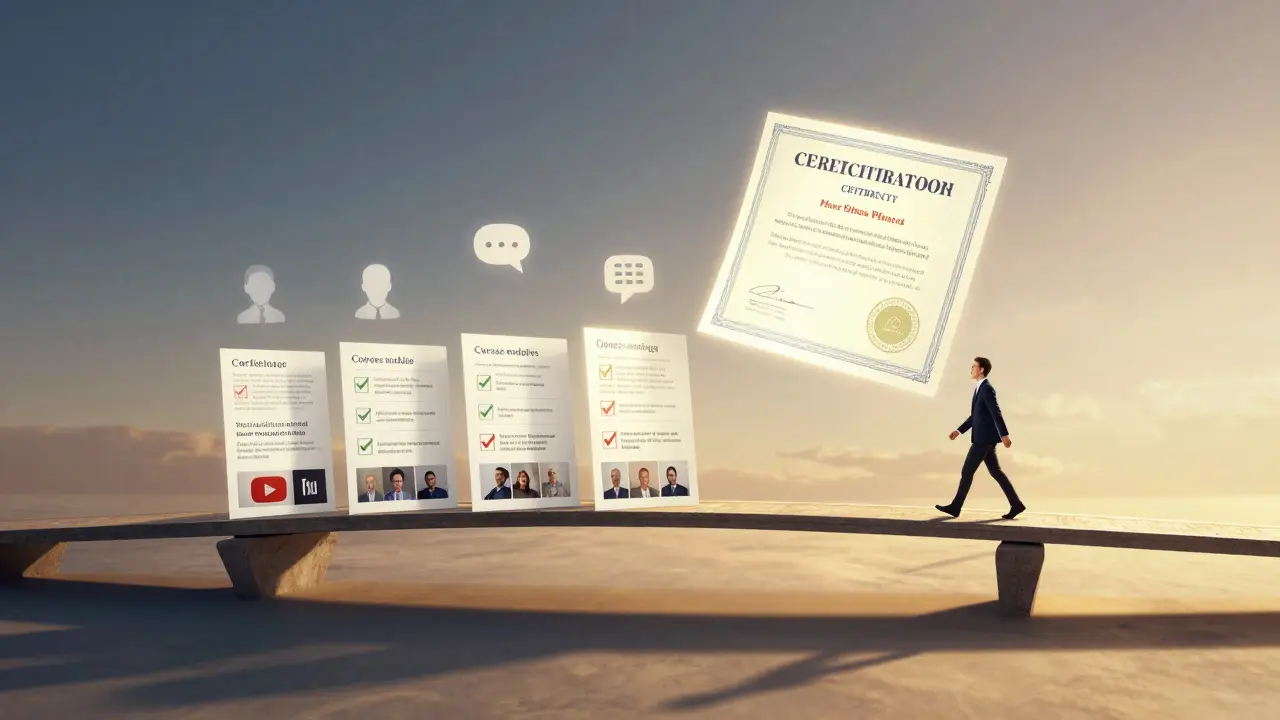 Мост из образовательных элементов: от бесплатных видео до сертификата и предложения о работе, человек переходит от новичка к профессионалу.