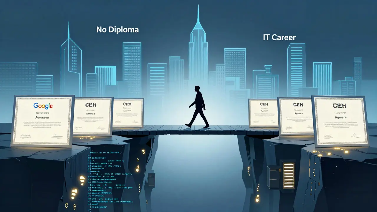 Мост из сертификатов ведет в город IT-карьеры, человек переходит его, оставляя следы кода и серверов.