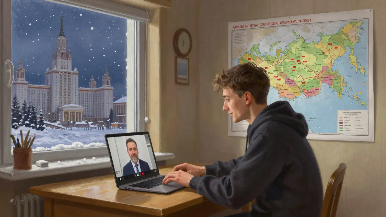 Мужчина в Сибири учится онлайн с преподавателем из Москвы.