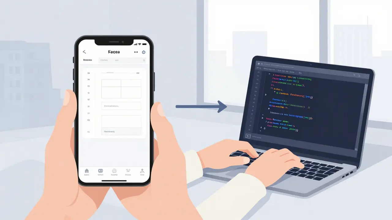 Подросток делает макет сайта на телефоне, рядом ноутбук — мобильное обучение как старт.
