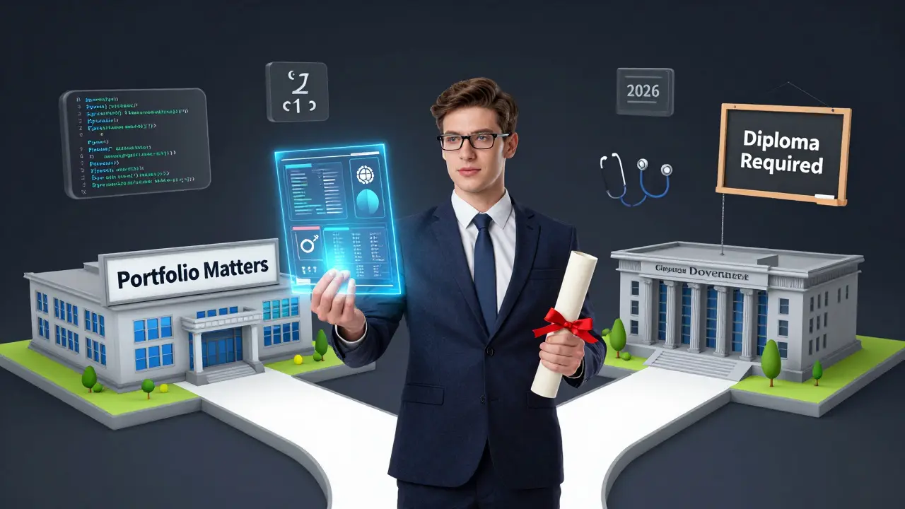 Профессионал выбирает между цифровым портфолио и дипломом на перекрестке карьеры.