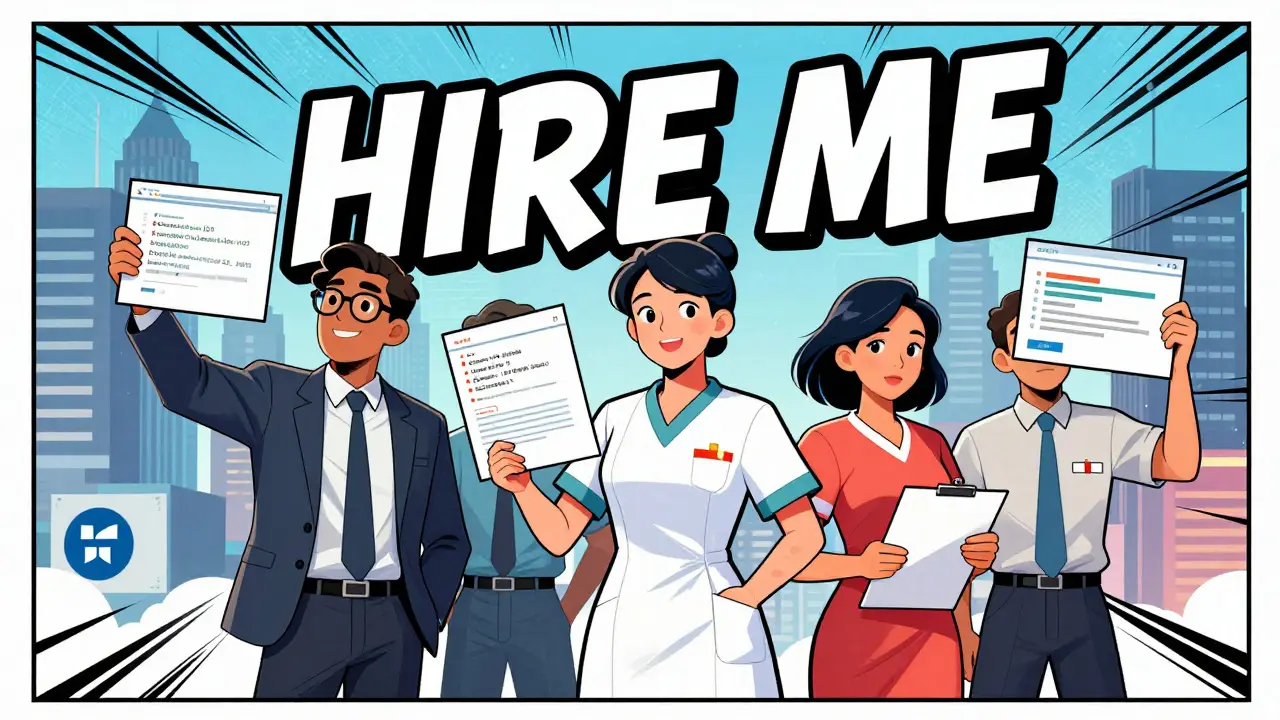 Разные люди с портфолио кода стоят перед знаком 'HIRE ME', символизируя вход в IT без диплома.