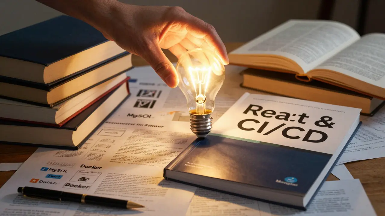 Рука поднимает лампочку над старыми и новыми техническими книгами, свет озаряет их.