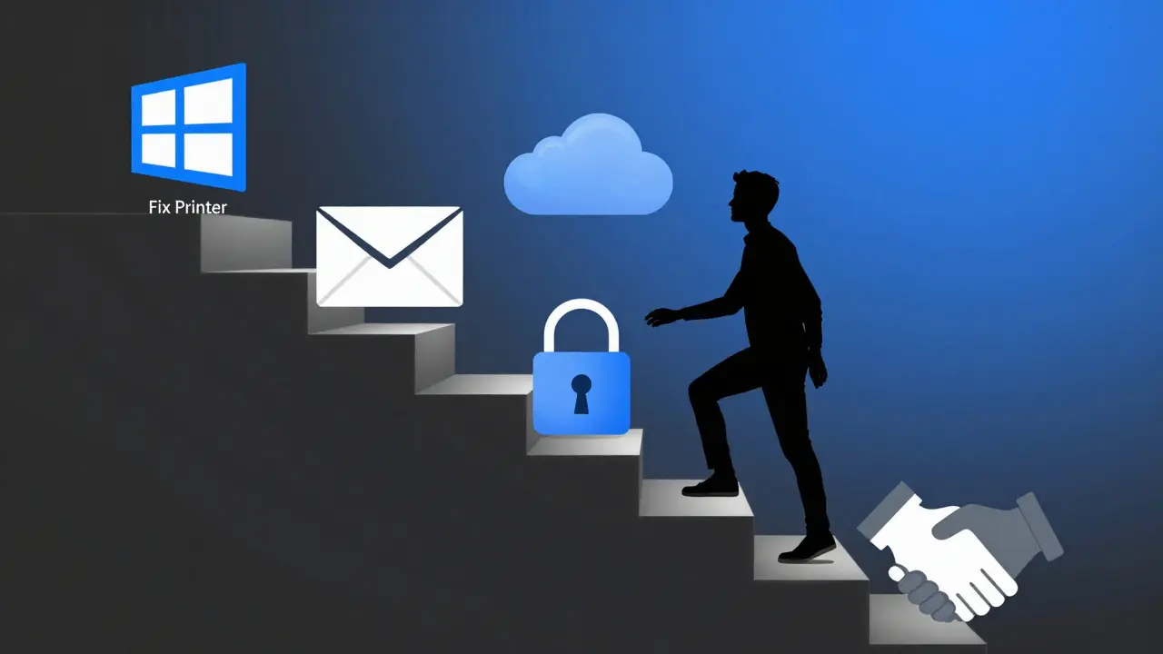 Символическая лестница из иконок ИТ-навыков ведет к руке, поднимающейся вверх — путь от нуля к профессионалу.