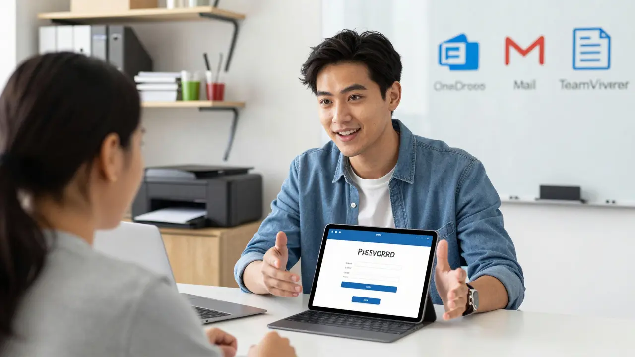 Специалист по ИТ-поддержке помогает владельцу малого бизнеса через видеозвонок, на экране — инструкция по сбросу пароля.