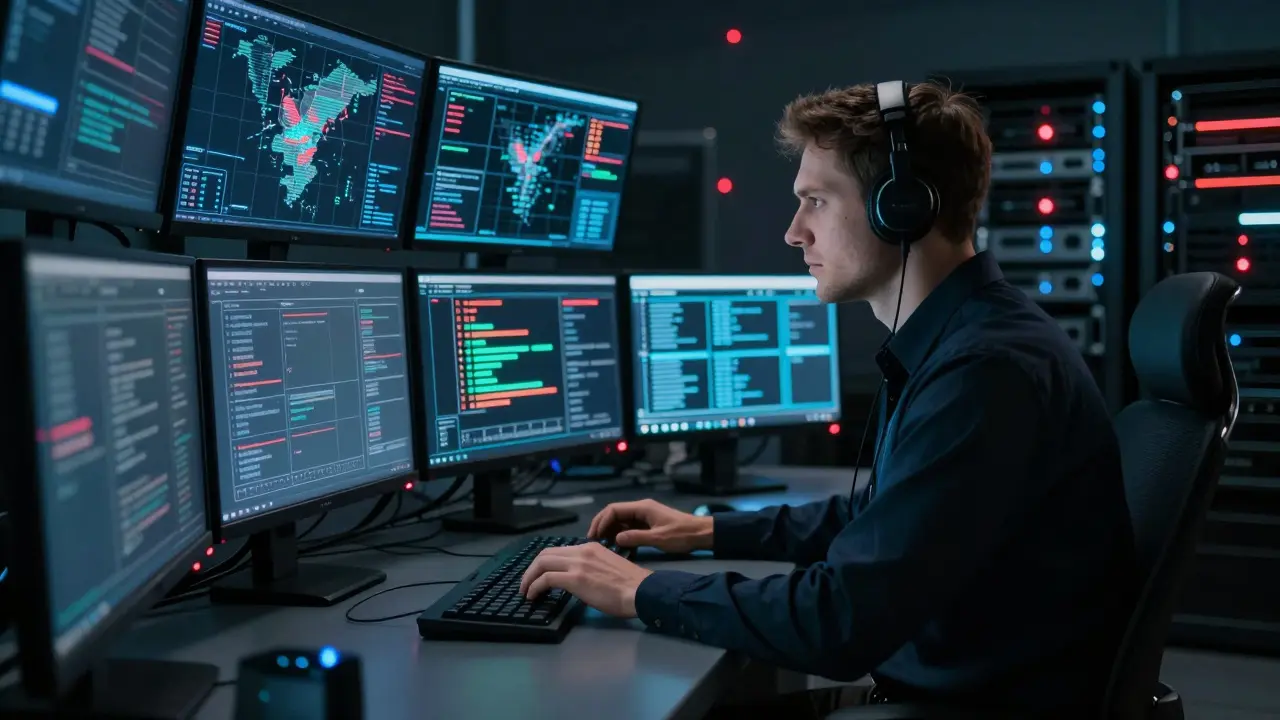 Специалист по кибербезопасности анализирует угрозы в центре мониторов.