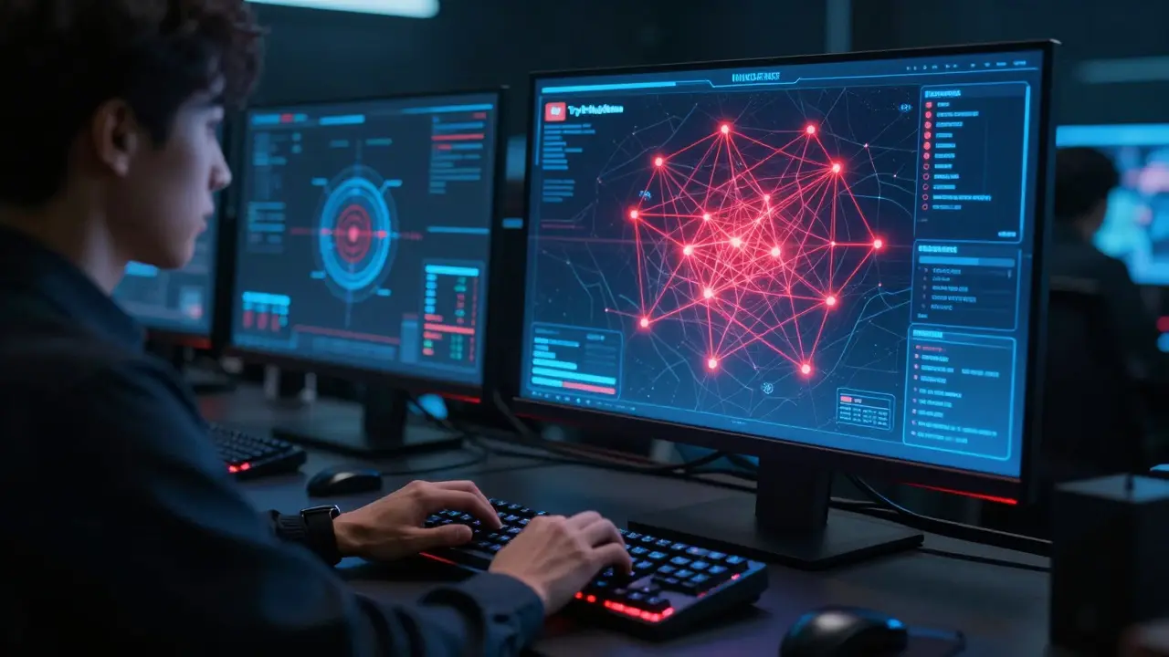 Специалист по кибербезопасности блокирует кибератаки в реальном времени на holographic-панели.