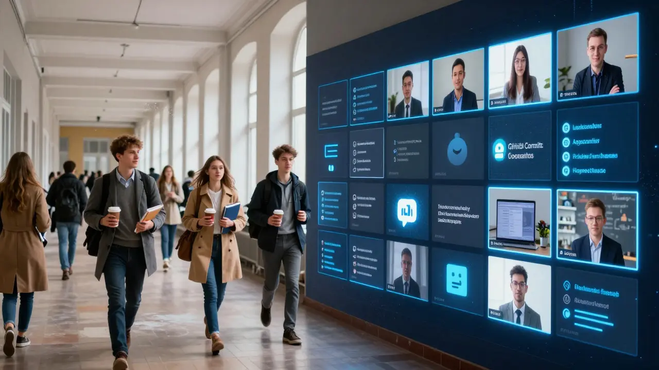 Сравнение университетского коридора и цифровых учебных платформ в 2026 году.