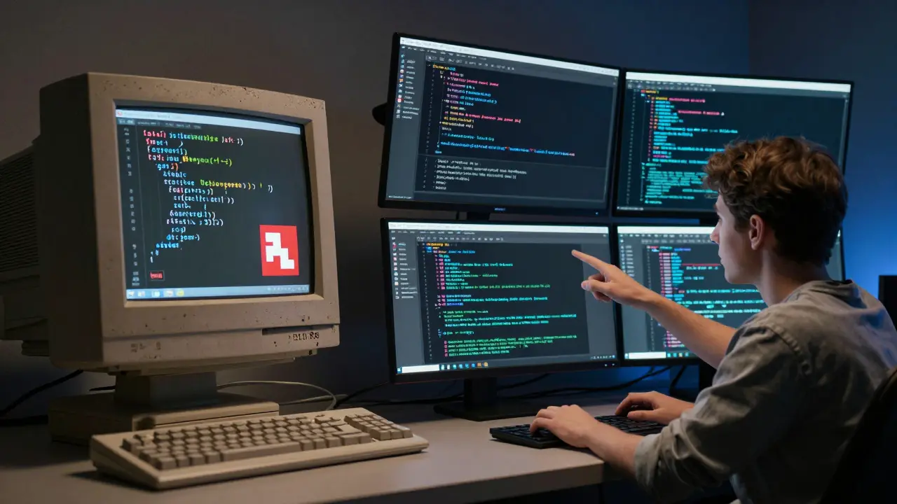 Сравнение устаревших и современных технологий веб-разработки: старый компьютер слева, современный — справа.