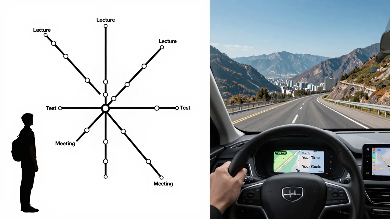 Сравнение: жесткий автобусный маршрут слева и свободная поездка с навигатором справа.