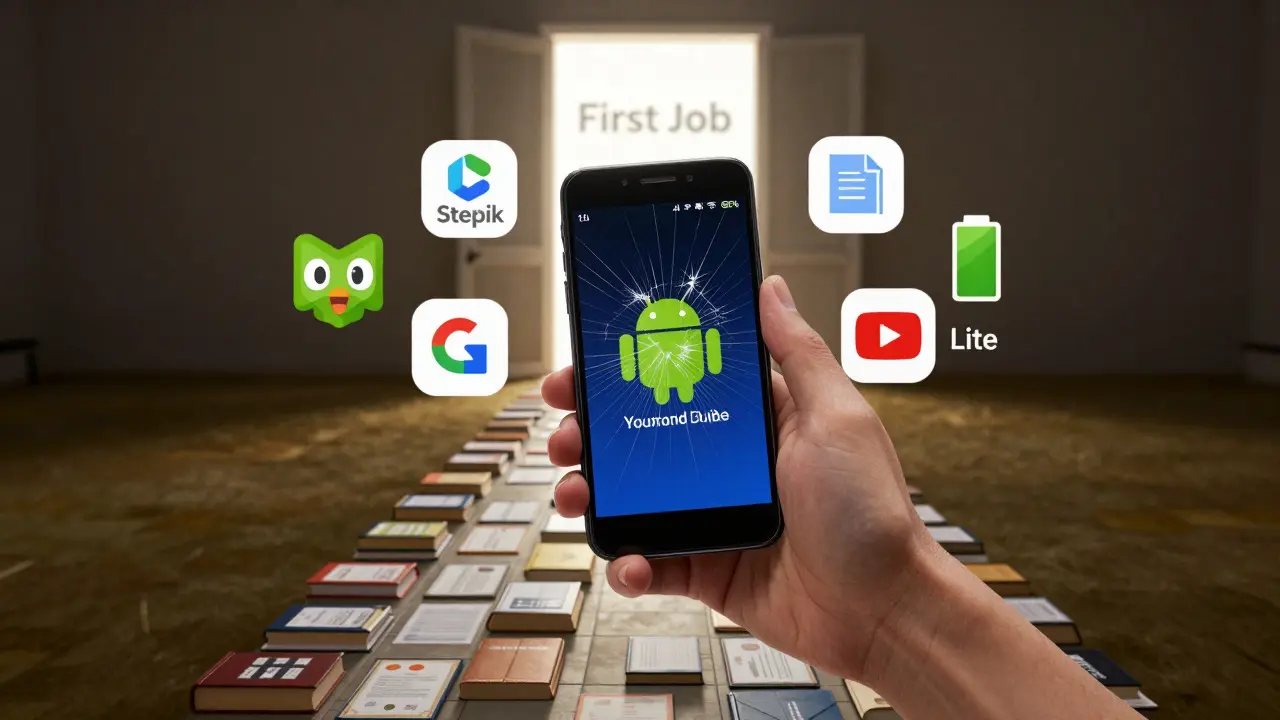 Старый телефон с приложениями для обучения, вокруг сертификаты и путь к работе.