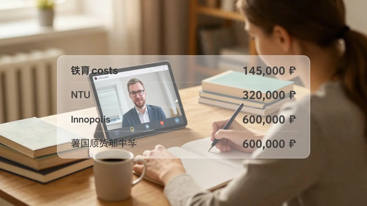 Студент учится онлайн в домашнем офисе, рядом — визуализация стоимости обучения в разных вузах России.