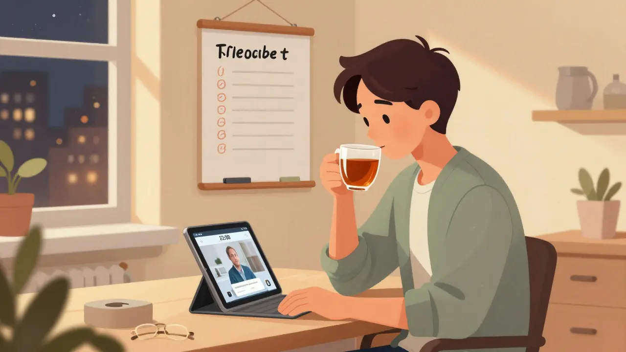 Студентка смотрит записанную лекцию вечером в домашней обстановке, без камеры, гибкий график.