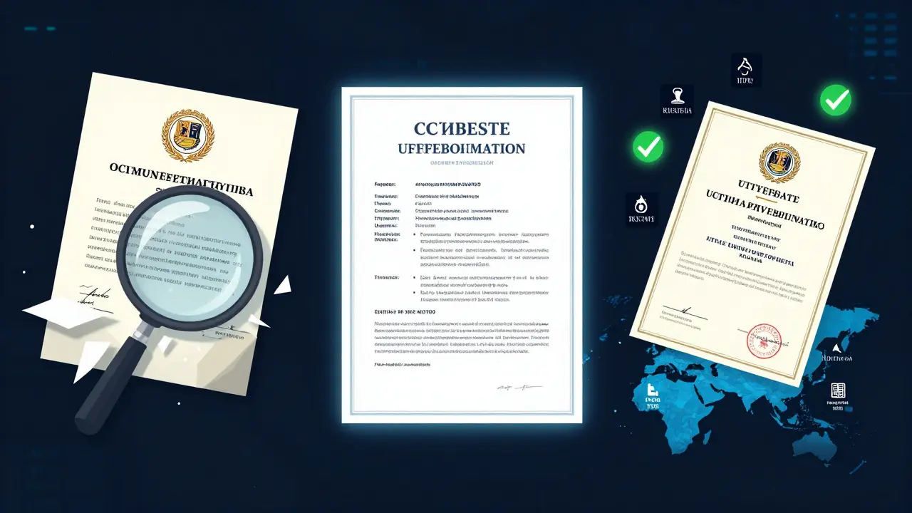 Три пути образования: поддельный диплом, сертификат и официальный диплом, визуализированные как светящиеся пути на тёмном фоне.