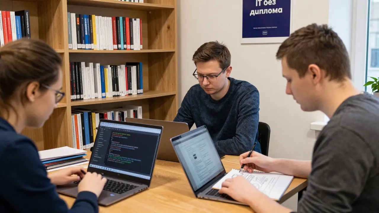Трое людей в библиотеке работают над IT-проектами, вокруг книги и плакат 'IT без диплома'