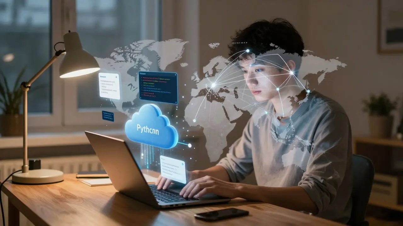 Удалённый разработчик из России, подключённый к американским IT-системам через цифровые интерфейсы.