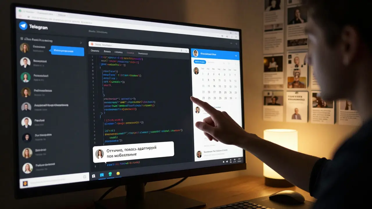 Закрытый чат онлайн-курса: ментор дает обратную связь, студенты обсуждают проекты, на фоне — портфолио реальных работ.