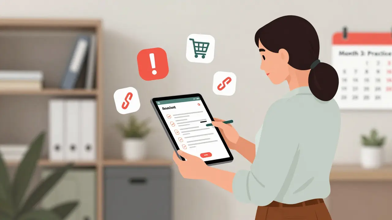 Женщина смотрит на отчёт об ошибках в приложении, вокруг — значки багов и чек-листа.