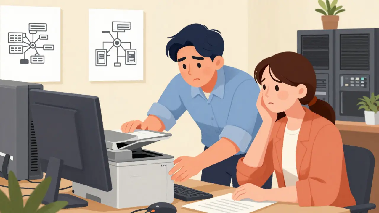 Айтишник помогает сотруднику с принтером в офисе, рядом — серверы и сетевые устройства.