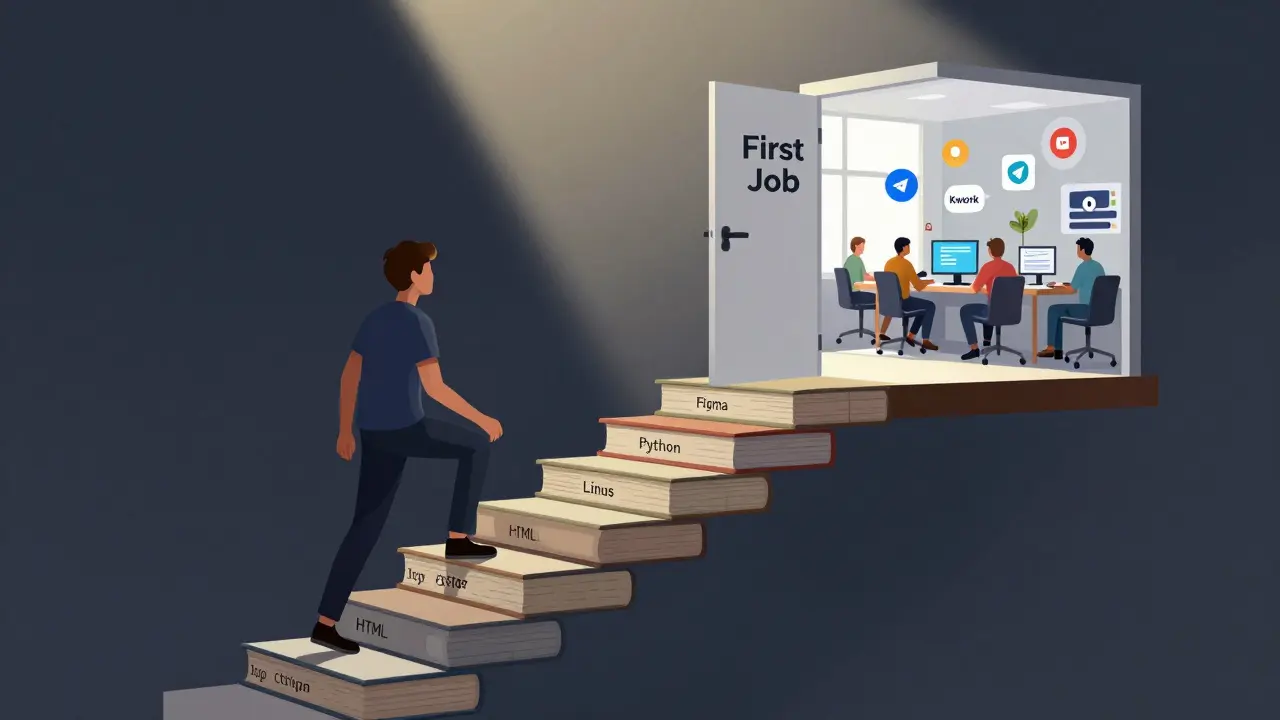 Человек поднимается по лестнице из кода и книг, достигая двери первой работы в офисе с удалёнными сотрудниками.