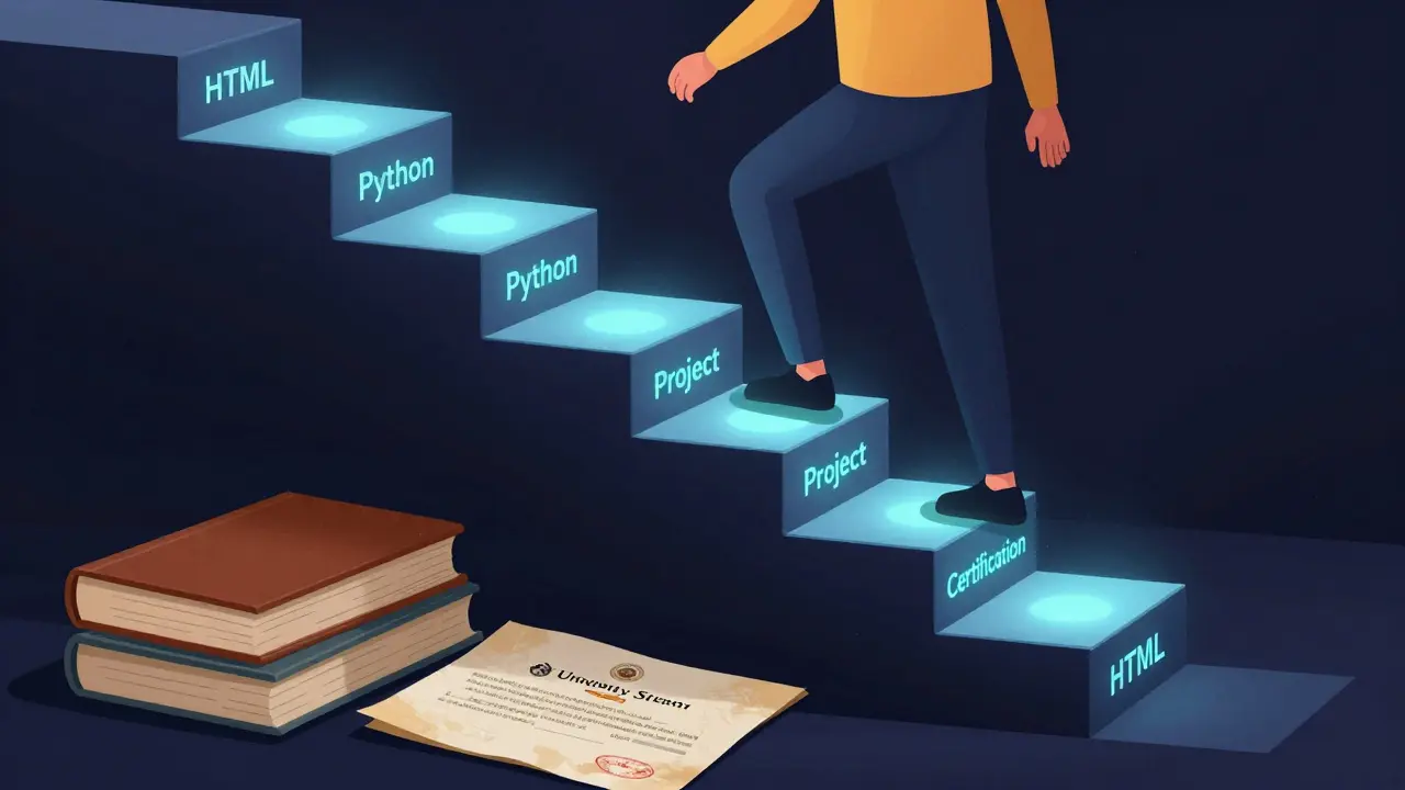 Человек поднимается по ступеням цифрового обучения к сертификату, оставляя за собой университетский диплом.