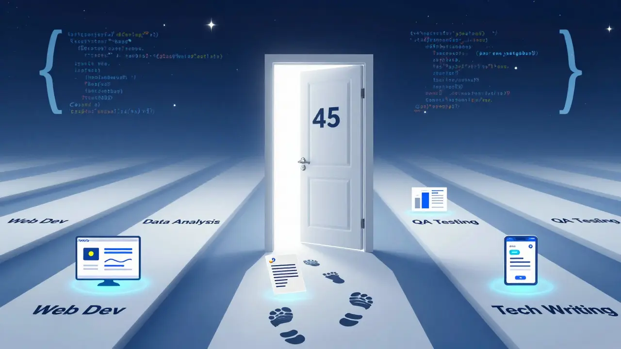 Дверь с надписью '45' открывается в мир возможностей в IT: пути веб-разработки, анализа данных и тестирования.