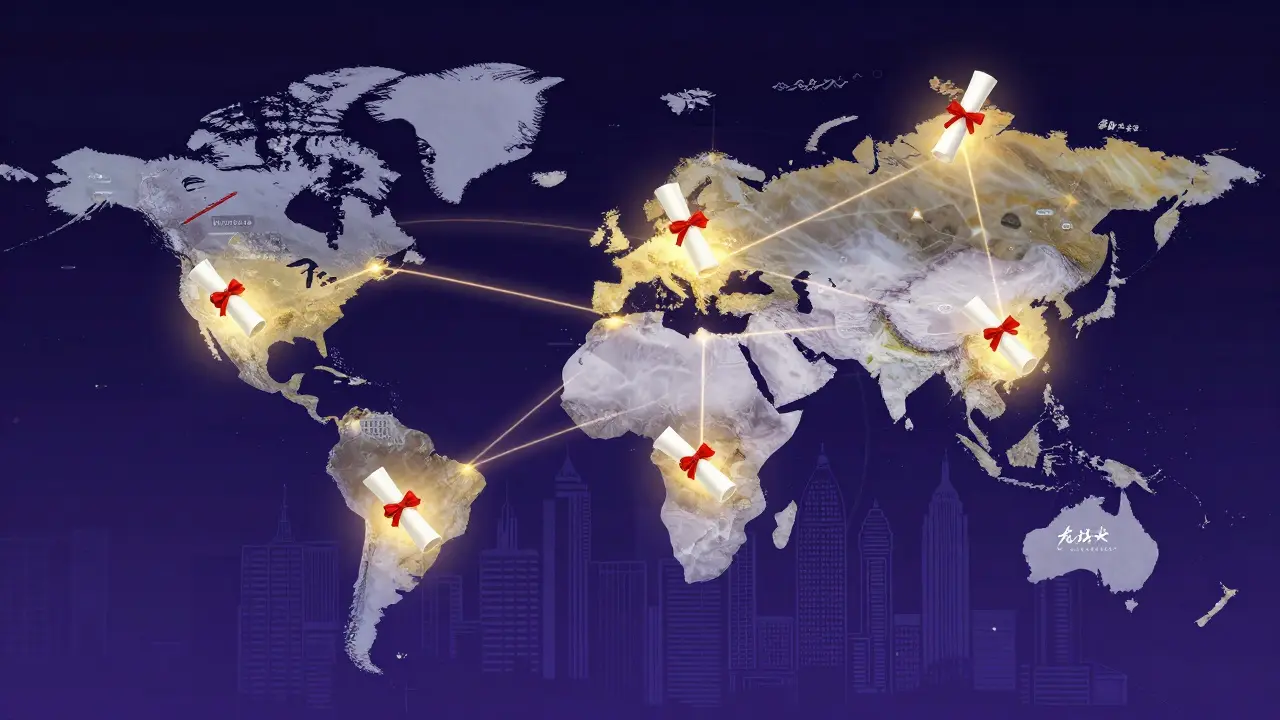 Глобальная сеть связей между китайскими вузами и международными IT-центрами, визуализированная световыми путями и дипломами.