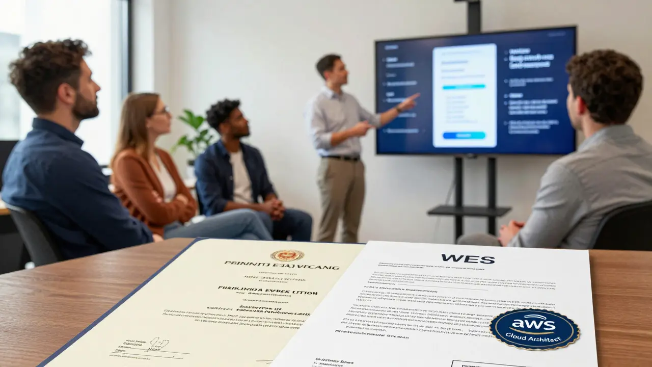 Группа IT-специалистов в берлинском коворкинге, один из них демонстрирует проект, рядом лежат диплом и сертификат AWS.