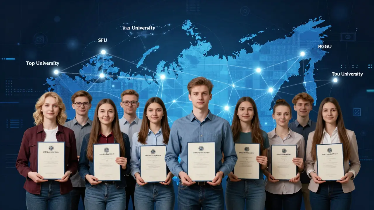 Группа людей с дипломами колледжей стоит перед картой России с отмеченными вузами