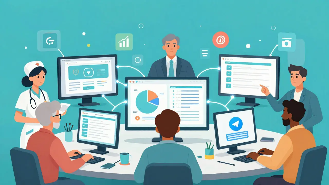 Группа людей старше 40 участвует в онлайн-курсе по IT, каждый работает со своим проектом на экране.