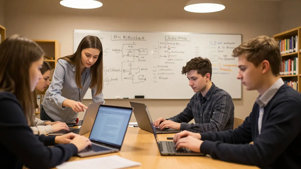 Группа студентов в библиотеке вместе разбирают код, помогая друг другу, за разными ноутбуками.
