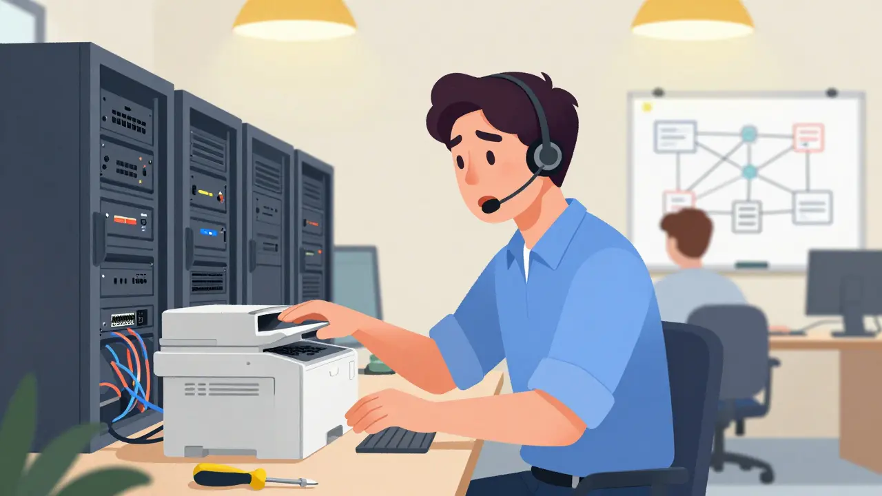 ИТ-специалист помогает сотруднику с принтером в офисе, рядом — серверы и схемы сети.