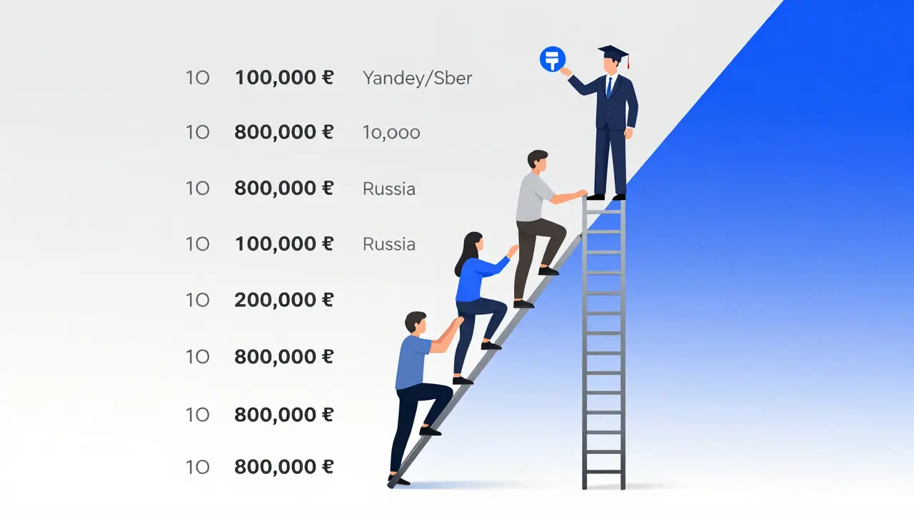 Лестница с ценами курсов IT, люди поднимаются от бесплатных уроков к трудоустройству в крупных компаниях.