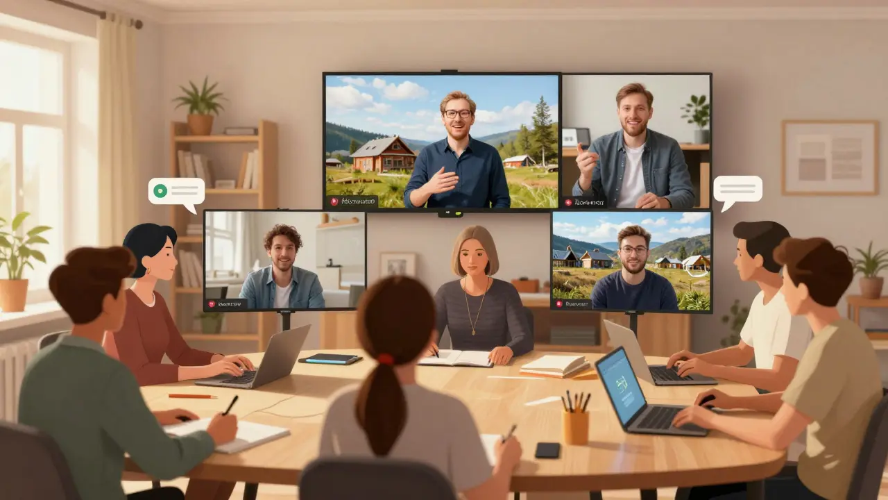 Люди из разных регионов России участвуют в онлайн-занятии, соединённые экраном с преподавателем.