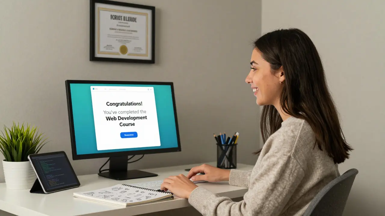 Молодая женщина получает сертификат по веб-разработке, её комната символизирует успех и независимость.